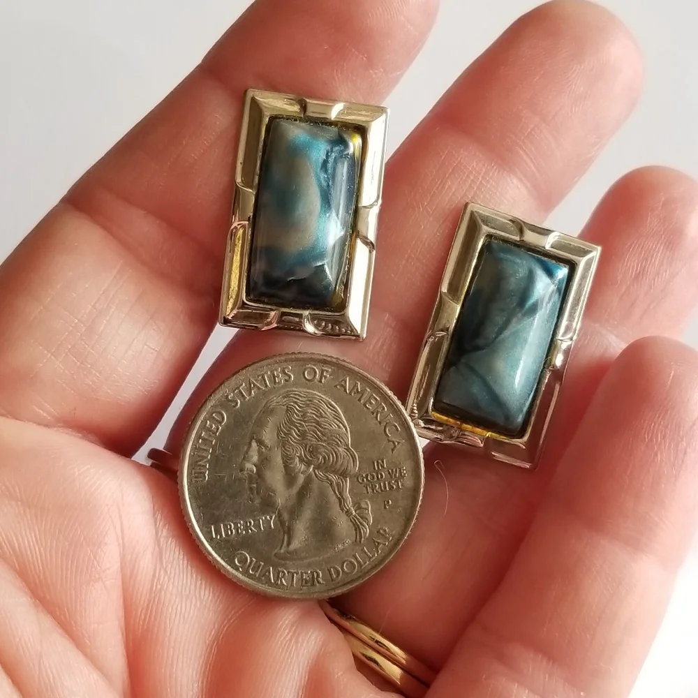 Vintage cuff links blue cabochons silver tone marbled rectangular